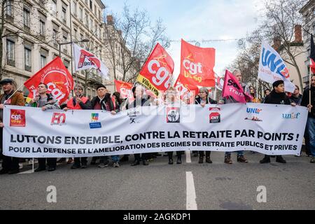 Dezember 19, 2019, Lyon, Auvergne-Rh ône-Alpes, Frankreich. Neue Mobilisierung gegen die Rentenreform. Stockfoto