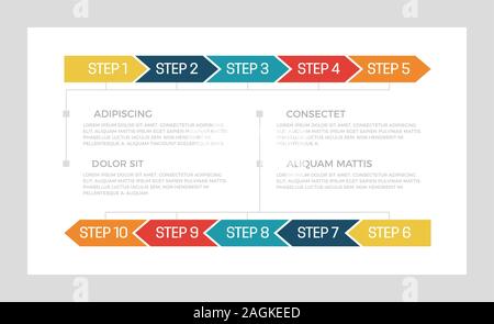 Satz von türkis bis dunkelblau, rot, gelb, orange Elemente für infografik Präsentationsfolien mit Zeitstrahl, Schritte, Pfeile Stock Vektor
