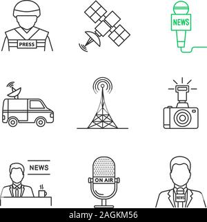 Massenmedien lineare Symbole gesetzt. Drücken Sie die Eingabetaste. Kriegsberichterstatter, Satelliten, Mikrofone, Nachrichten van, Funkturm, Foto, Kamera, TV-Moderatorin. Thin Line Kontur sy Stock Vektor