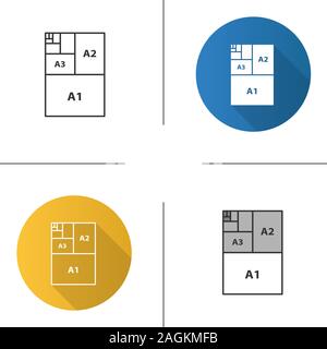 Papierformate Symbol. Blatt Papier Formaten. A3, A1, A2. Flache Bauweise, lineare und Farbe Stile. Isolierte Vektorgrafiken Stock Vektor