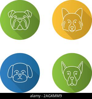 Hunde Rassen Flachbild lineare lange Schatten Symbole gesetzt. Englische Bulldogge, Spitz, der maltesischen, der Dobermann. Vektor Kontur Abbildung Stock Vektor