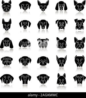 Hunde Rassen Schatten schwarz Glyphe Symbole gesetzt. Guide, Guardian, Jagd- und Hütehunde. Isolierte Vektorgrafiken Stock Vektor