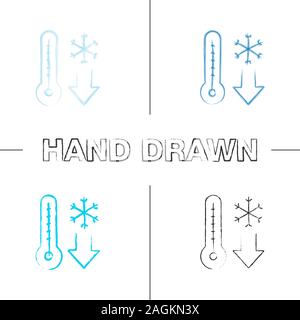 Winter temperatur Hand gezeichneten Symbole gesetzt. Das eisige Wetter. Thermometer mit nach unten zeigenden Pfeil und Schneeflocke. Farbe pinselstrich. Isolierte vektor Sketchy illust Stock Vektor