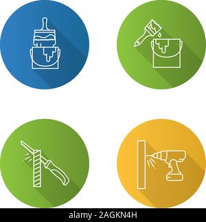 Bau Werkzeuge flach linear lange Schatten Symbole gesetzt. Eimer, Leim und Pinsel, pad Säge, Bohrmaschine. Vektor Kontur Abbildung Stock Vektor