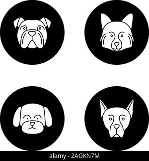 Hunde Rassen Glyphe Symbole gesetzt. Englische Bulldogge, Spitz, der maltesischen, der Dobermann. Vektor weisse Silhouetten Abbildungen in schwarzen Kreisen Stock Vektor