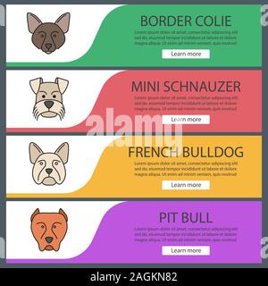 Hunde Rassen Web Banner Vorlagen eingestellt. Website Farbe Menüpunkte. Border Collie, Mini Schnauzer, Französische Bulldogge, Pit Bull. Vektor Header design anhand von quantitativen Simulatio Stock Vektor