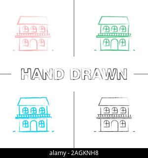 Zweistöckiges Ferienhaus Hand gezeichneten Symbole gesetzt. Chalet. Haus. Farbe pinselstrich. Isolierte Vektor sketchy Abbildungen Stock Vektor