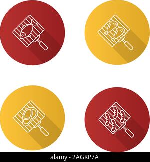 Grill flach linear lange Schatten Symbole gesetzt. Hand Grills mit Fisch, Huhn Drumsticks, Fleisch Steak und Würstchen. Vektor Kontur Abbildung Stock Vektor