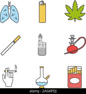 Rauchen farbige Symbole gesetzt. Menschliche Lungen, Flip leichter, Marihuana Blatt, Zigaretten pack, Hookah, Smoker's Hand, Bong. Isolierte Vektorgrafiken Stock Vektor