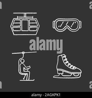 Aktivitäten im Winter chalk Symbole gesetzt. Seilbahn, Skibrille, Sessellift, Schlittschuh. Isolierte vektor Tafel Abbildungen Stock Vektor