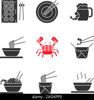 Chinesisches Essen Glyphe Symbole gesetzt. Sushi, Nudeln, Ramen, gebratener Reis mit Meeresfrüchten Stäbchen, Bier, Krabbe. Silhouette Symbole. Vektor isoliert Abbildung Stock Vektor