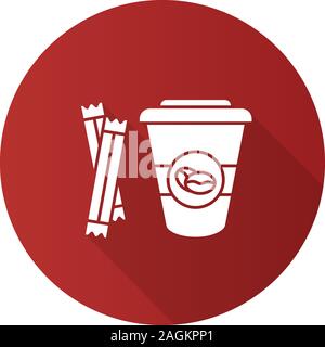 Kaffee mit Zucker Sachets flache Bauweise lange Schatten glyph Icon gehen. Einweg Kaffeebecher mit Deckel. Vektor silhouette Abbildung Stock Vektor