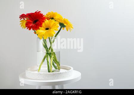 Bunter Haufen Gerbera Blumen in einer Glasvase stehen in der Nähe der weißen Wand. Stockfoto