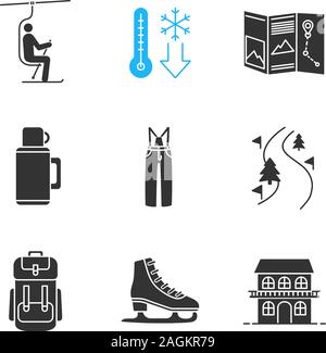 Aktivitäten im Winter Glyphe Symbole gesetzt. Sessellift, kaltes Wetter, Karte, Thermoskanne, Skihose, Waldweg, Rucksack, skate, Ferienhaus. Silhouette Symbole. Vektor Stock Vektor