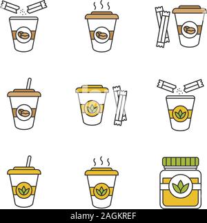 Kaffee und Tee Getränke mit Zucker Farbe Symbole. Detox Kräuter und Cocktails. Isolierte Vektorgrafiken Stock Vektor
