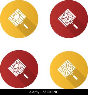Grill flache Bauweise lange Schatten Glyphe Symbole gesetzt. Hand Grills mit Fisch, Huhn Drumsticks, Fleisch Steak und Würstchen. Vektor silhouette Abbildung Stock Vektor