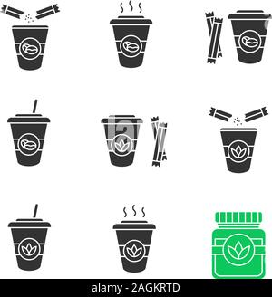 Kaffee und Tee Getränke mit Zucker Zeichenvorrat Symbole. Detox Kräuter und Cocktails. Silhouette Symbole. Vektor isoliert Abbildung Stock Vektor