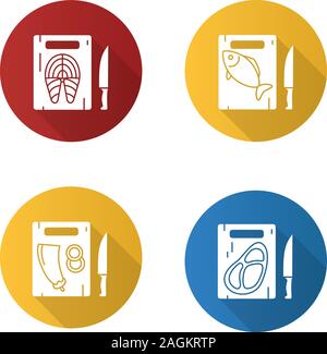Essen schneiden flache Bauweise lange Schatten Glyphe Symbole gesetzt. Schneidbretter mit Lachs Fisch, Aubergine, Fleisch Steak. Vektor silhouette Abbildung Stock Vektor