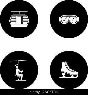 Aktivitäten im Winter Glyphe Symbole gesetzt. Seilbahn, Skibrille, Sessellift, Schlittschuh. Vektor weisse Silhouetten Abbildungen in schwarzen Kreisen Stock Vektor