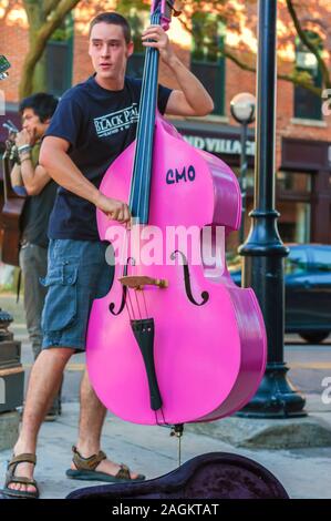 Ein junger Musiker an einer Straßenecke in Downtown Ann Arbor Wiedergabe eines akustischen Bass. Stockfoto