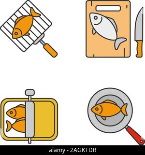 Fisch Vorbereitung farbige Symbole gesetzt. Dosen, gebraten, geschnitten und gegrillten Fisch. Isolierte Vektorgrafiken Stock Vektor