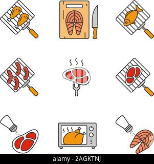 Die Zubereitung der farbigen Symbole gesetzt. Grill. Grillen, Salzen, Schneiden, Fisch kochen in der Mikrowelle, Fleisch und Wurst. Isolierte Vektor illustratio Stock Vektor