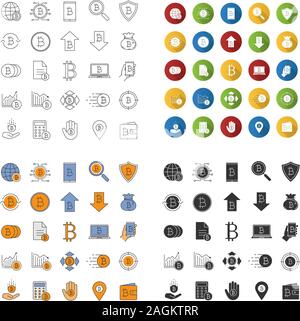 Bitcoin Symbole gesetzt. Bergbau. Bitcoin Zahlung. Lineare, flache Bauform, Farbe und glyphe Stile. isolierte Vektorgrafiken Stock Vektor