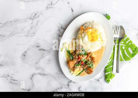 Cremige gesalzene Ei gebratenes Huhn mit Reis und Ei. Asien Essen auf dem Tisch. Flach von oben nach unten anzeigen. Stockfoto