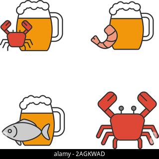 Bier Meeresfrüchte Snacks farbige Symbole gesetzt. Ale mit Fisch, Garnelen, Krabben. Isolierte Vektorgrafiken Stock Vektor