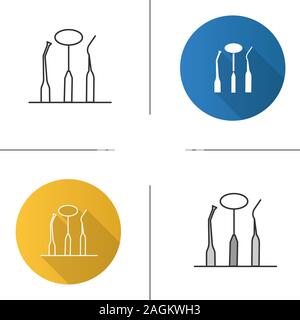 Zahnmedizinische Instrumente Symbol. Mund Spiegel, zahnärztlichen Sonde und der Zahnarzt Bagger. Flache Bauweise, lineare und Farbe Stile. Isolierte Vektorgrafiken Stock Vektor