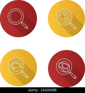 Pfannen flache Lineare lange Schatten Symbole gesetzt. Gebratener Fisch, Eier und Fleisch Steak. Vektor Kontur Abbildung Stock Vektor