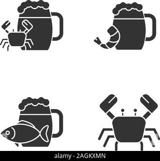 Bier Meeresfrüchte Snacks Glyphe Symbole gesetzt. Ale mit Fisch, Garnelen, Krabben. Silhouette Symbole. Vektor isoliert Abbildung Stock Vektor