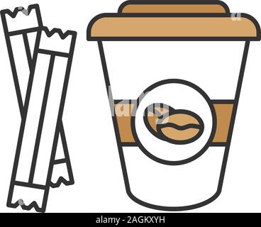 Kaffee mit Zucker sachets Farbe Symbol gehen. Einweg Kaffeebecher mit Deckel. Isolierte Vector Illustration Stock Vektor