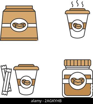 Kaffee Farbe Symbole gesetzt. Kaffee Papier pack, Glas und heiße Getränke mit Zucker. Isolierte Vektorgrafiken Stock Vektor