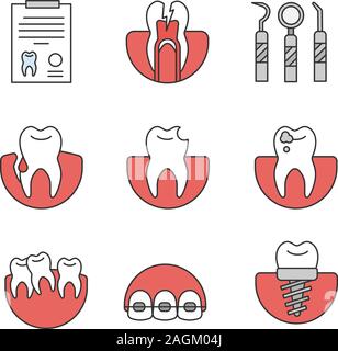 Zahnheilkunde farbige Symbole gesetzt. Ärztlicher Bericht, Zahnschmerzen, zahnärztliche Instrumente, Gingivitis, gebrochene Zähne, Karies, Implantat, Hosenträger, schiefe Zähne. Isolierte v Stock Vektor