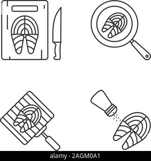 Fisch Vorbereitung lineare Symbole gesetzt. Schneiden, Braten, Grillen, Salzen von Fisch Steaks. Thin Line Kontur Symbole. Isolierte vektor Kontur Abbildungen Stock Vektor