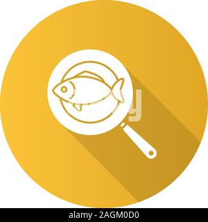 Fische auf der Pfanne flach Design lange Schatten glyph Icon. Vektor silhouette Abbildung Stock Vektor