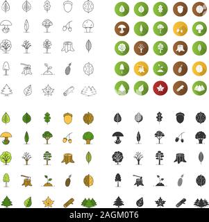 Baum Arten Symbole gesetzt. Wald, Park. Forstwirtschaft. Lineare, flache Bauform, Farbe und glyphe Stile. isolierte Vektorgrafiken Stock Vektor