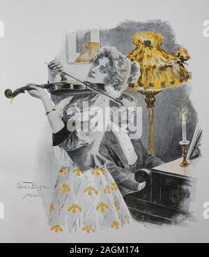 Duett, Musik, Frau spielt Violine, Mann spielt Klavier, original Drucken aus dem Jahr 1899, Musik, spielt Frau Geige, Mann spielt Klavier, Reproduktion einer Originalvorlage aus dem 19. Jahrhundert, digital verbessert Stockfoto