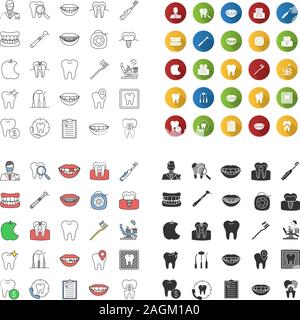 Zahnheilkunde Symbole gesetzt. Stomatologie. Zahnklinik Dienstleistungen, Instrumente, Zähne, Hygiene, Probleme. Lineare, flache Bauform, Farbe und glyphe Stile. Isoliert Stock Vektor