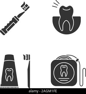 Zahnheilkunde Glyphe Symbole gesetzt. Stomatologie. Zahnschmerzen, elektrische Zahnbürste mit Zahnpasta, dentifrice, Zahnseide. Silhouette Symbole. Vektor isoliert Stock Vektor