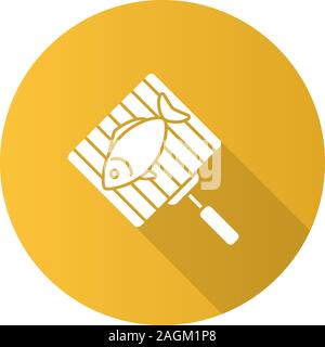 Hand Grill mit Lachs Fisch flache Bauweise lange Schatten glyph Icon. Vektor silhouette Abbildung Stock Vektor