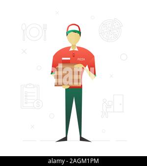 Pizza deliveryman flat Character Design. Lieferservice. Vektor isoliert Abbildung Stock Vektor