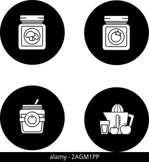 Hausgemachte Konserven Glyphe Symbole gesetzt. Apple Marmelade, Ketchup, Eingemachte Champignons, Saft. Vektor weisse Silhouetten Abbildungen in schwarzen Kreisen Stock Vektor
