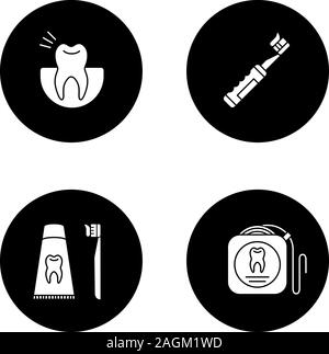 Zahnheilkunde Glyphe Symbole gesetzt. Stomatologie. Zahnschmerzen, elektrische Zahnbürste mit Zahnpasta, dentifrice, Zahnseide. Vektor weisse Silhouetten illustratio Stock Vektor