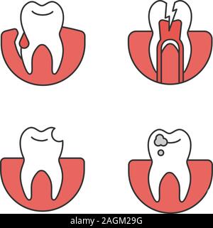 Zahnheilkunde farbige Symbole gesetzt. Stomatologie. Zahnfleischbluten, Zahnschmerzen, gebrochene Zähne, Karies. Isolierte Vektorgrafiken Stock Vektor