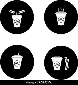 Kaffee Getränke Glyphe Symbole gesetzt. Detox Cocktails. Vektor weisse Silhouetten Abbildungen in schwarzen Kreisen Stock Vektor