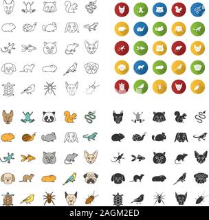 Haustiere Symbole gesetzt. Exotische Tiere. Nagetiere, Vögel, Reptilien, Insekten, Hunde, Katzen. Lineare, flache Bauform, Farbe und glyphe Stile. isolierte Vektor illustrati Stock Vektor