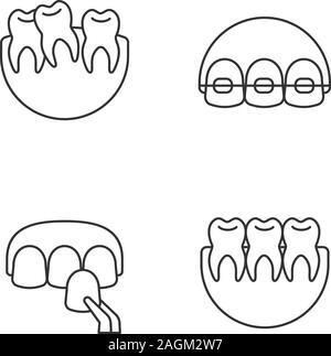 Zahnheilkunde lineare Symbole gesetzt. Stomatologie. Schief und gesunde Zähne, Zahnspangen, Furnier. Thin Line Kontur Symbole. Isolierte vektor Kontur illustra Stock Vektor