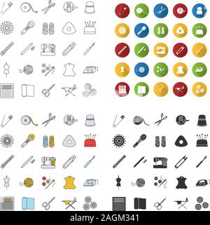 Anpassung von Icons einstellen. Nähen. Nadeln, Pins, Gewinde, Stoffe, Knöpfe. Lineare, flache Bauform, Farbe und glyphe Stile. isolierte Vektorgrafiken Stock Vektor